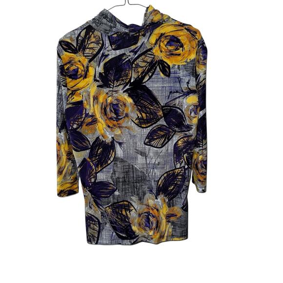 Worthington Women’s Floral Stretch Top L Yellow Purple Gray 3/4 Sleeve Blouse - Picture 3 of 9